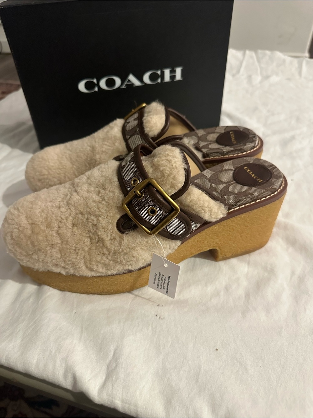 Coach Beige Shearling Clog Mules with Signature Monogram Strap - Picture 2 of 3